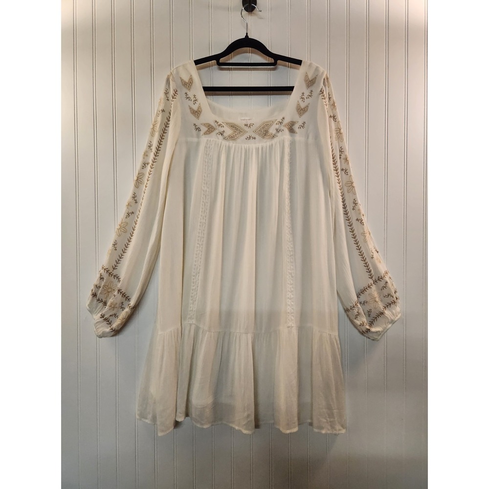 Women White Floral Embroidered Shift Dress Size XL Fairy‎ Aztec Tribal Southwest